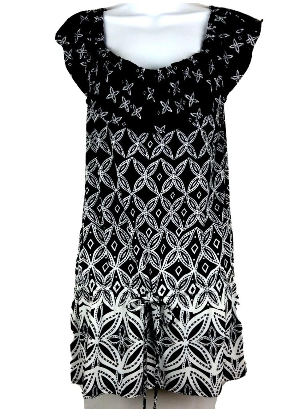 WHBM Black White Tunic Top Medium Off Shoulder Peplum Ruffle Beach Cover Summer